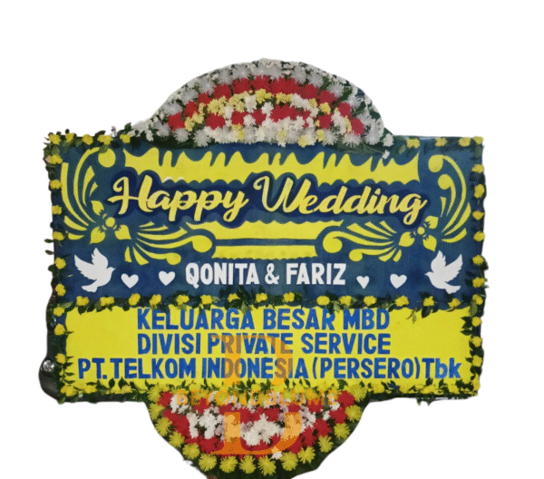Bunga Papan Happy Wedding Biru Kuning